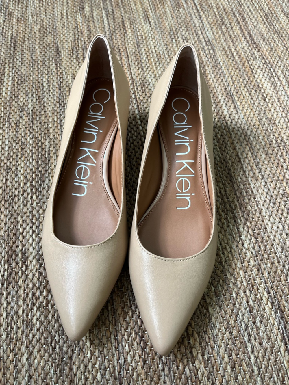 Calvin Klein Women's Beige Pointed Toe Leather Kitten Heels